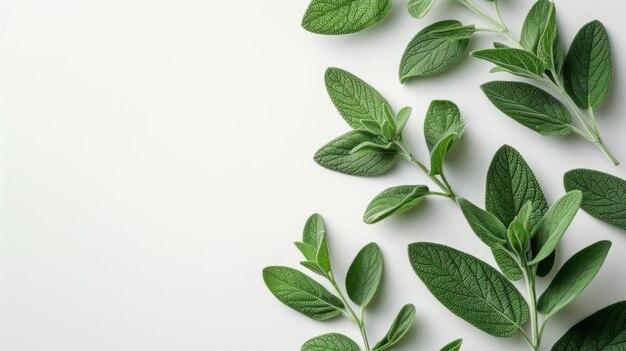 Un grande spazio di copia con foglie di salvia su uno sfondo bianco