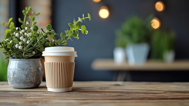 Un grande spazio per la copia con una tazza di caffè in carta su un tavolo di legno con una vista sfocata del ristorante IA generativa