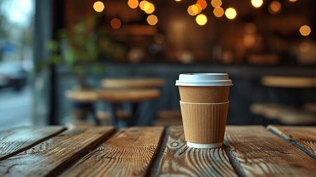 Un grande spazio per la copia con una tazza di caffè in carta su un tavolo di legno con una vista sfocata del ristorante IA generativa