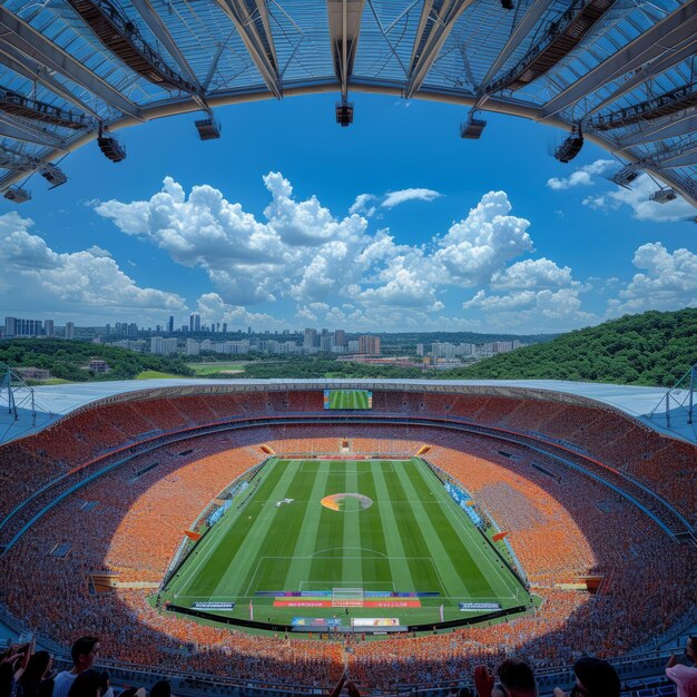 Un grande stadio pieno di persone che guardano una partita di calcio