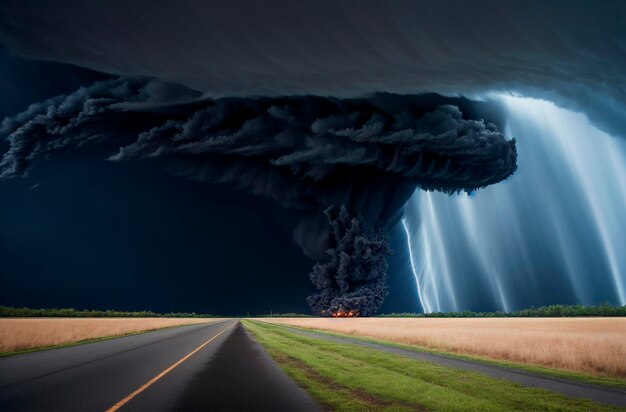 Un grande tornado su un campo in campagna in una giornata nuvolosa IA generativa