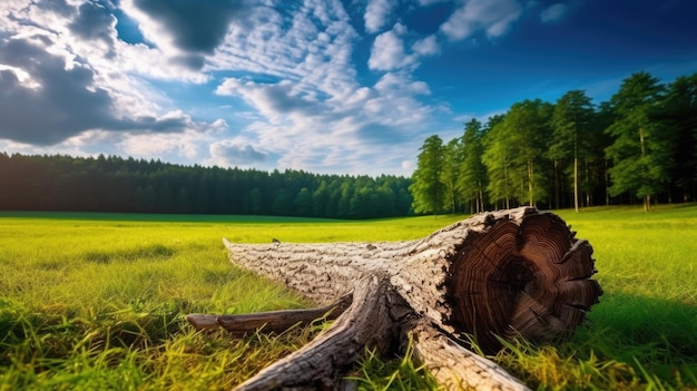 Un grande tronco d'albero in un campo con un cielo blu e nuvole