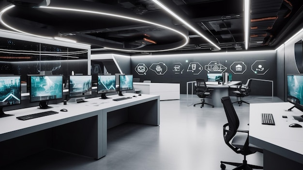 Un grande ufficio con una parete nera con un cartello che dice "tecnologia".