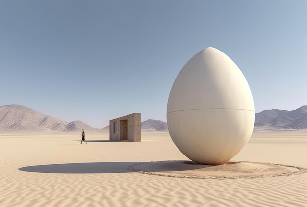 un grande uovo bianco nella sabbia vicino al sole nello stile dei disegni di palcoscenico minimalisti