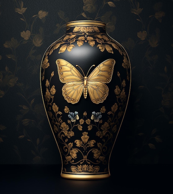 un grande vaso con una farfalla sul fondo e la scritta farfalla sul fondo.