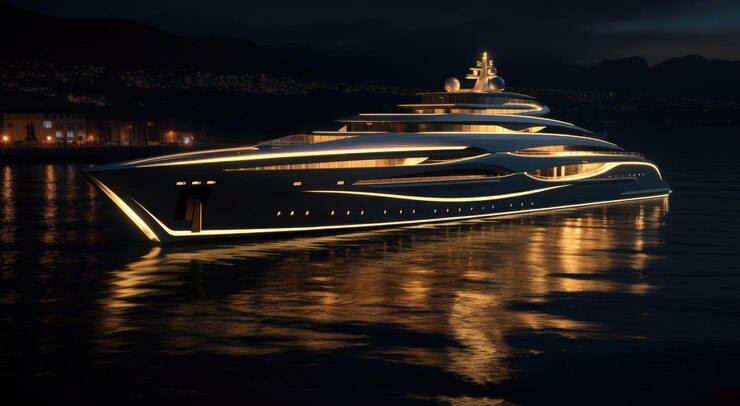 un grande yacht che galleggia di notte