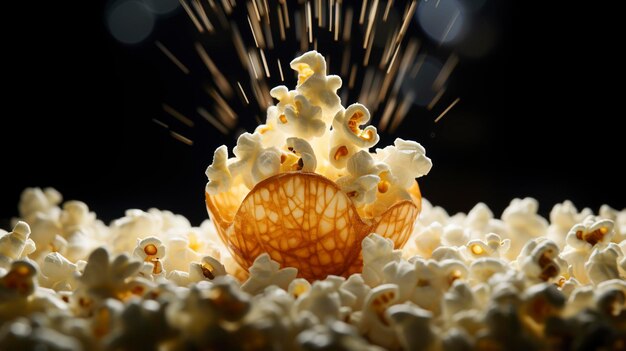 Un granello di popcorn che esplode in aria con scintille su uno sfondo scuro