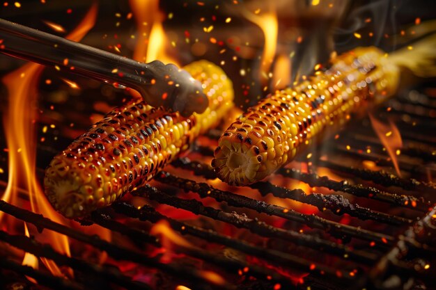 Un grano di mais è arrostito su una griglia con le pinze che lanciano un altro grano sulla fiamma