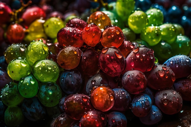 Un grappolo d'uva colorato con sopra le gocce di pioggia