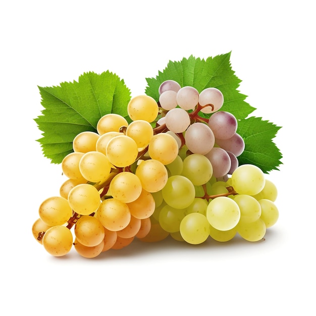Un grappolo d'uva con foglie verdi su sfondo bianco