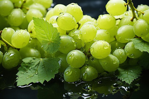 un grappolo d'uva con gocce d'acqua sopra.