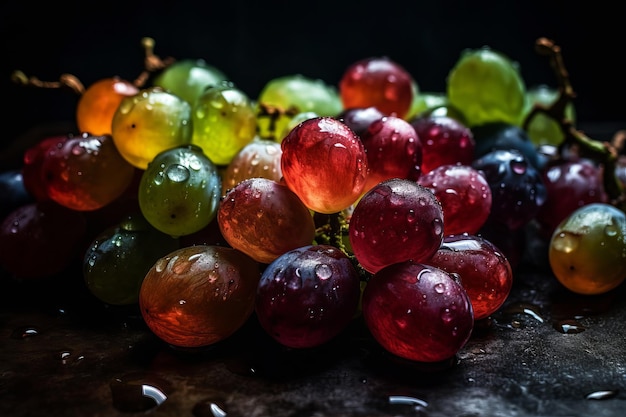 Un grappolo d'uva con sopra le gocce di pioggia