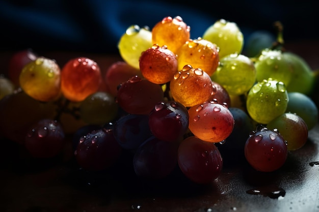 Un grappolo d'uva con sopra le gocce di pioggia