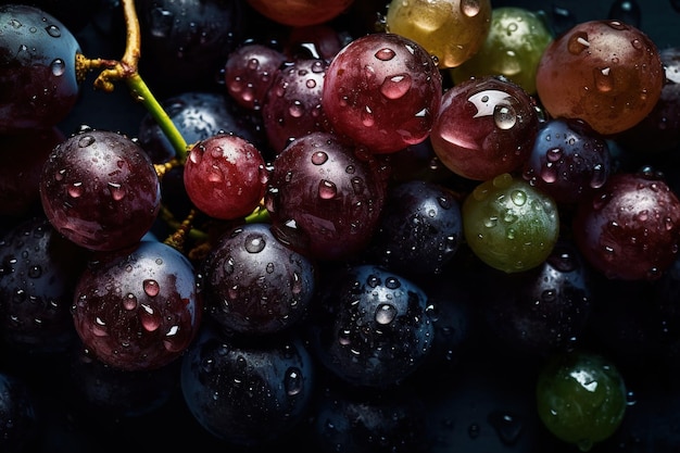 Un grappolo d'uva con sopra le gocce di pioggia