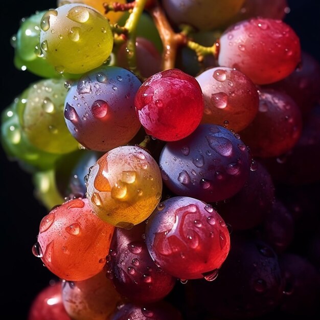 Un grappolo d'uva con sopra le gocce di pioggia