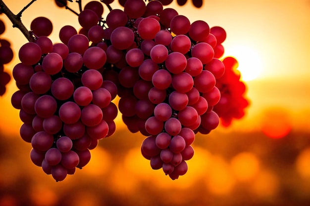 Un grappolo d'uva rossa con il sole alle spalle