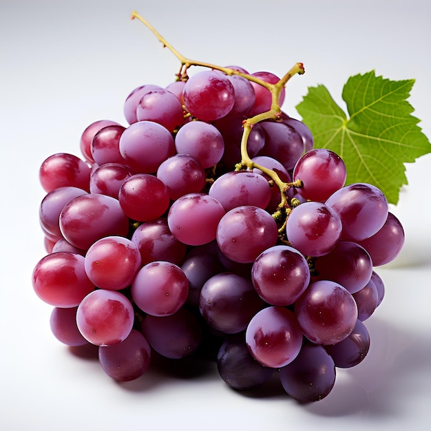 Un grappolo d'uva senza semi di fiamma con una foglia verde su sfondo bianco