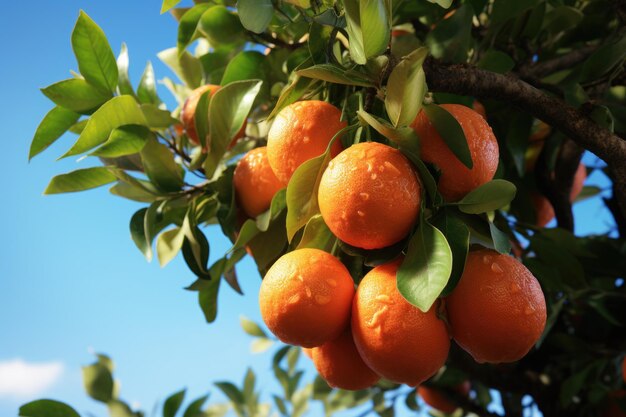 Un grappolo di arance mature appeso ad un albero Questa immagine può essere usata per raffigurare un vivace frutteto di agrumi o per simboleggiare l'abbondanza e la freschezza