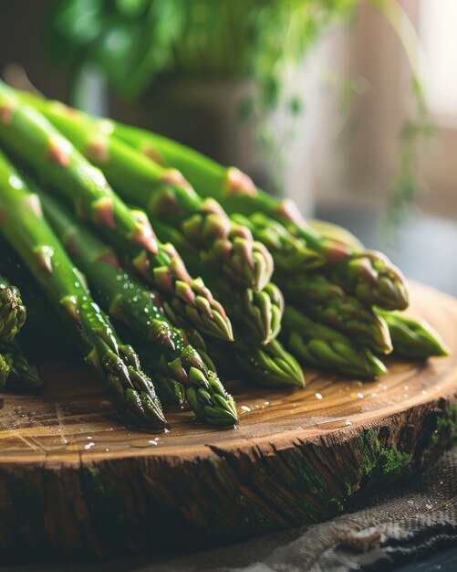 Un grappolo di asparagi verdi su una tavola di legno