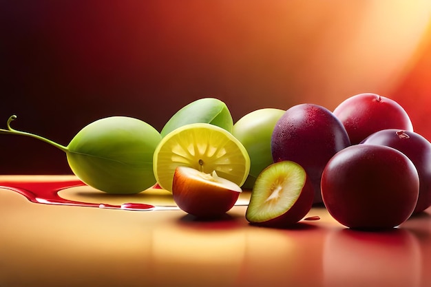 Un grappolo di frutta con la parola mango sul fondo