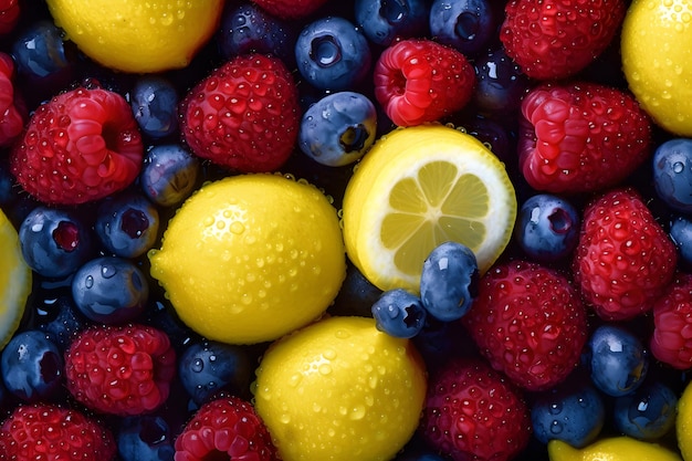 Un grappolo di frutta con limone e mirtilli