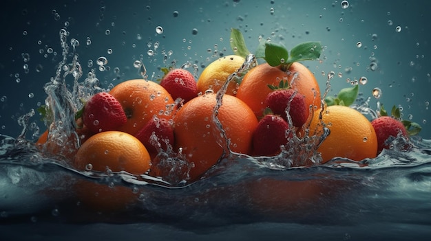 Un grappolo di frutta è in una goccia d'acqua generativa ai