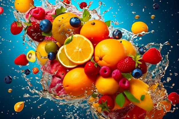 Un grappolo di frutta si spruzza su un bicchiere d'acqua con sfondo blu AI generativa