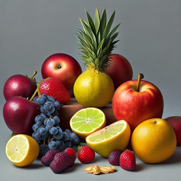 Un grappolo di frutta tra cui una mela rossa, limone e mirtilli.