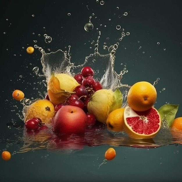 Un grappolo di frutta viene lasciato cadere in una goccia d'acqua.