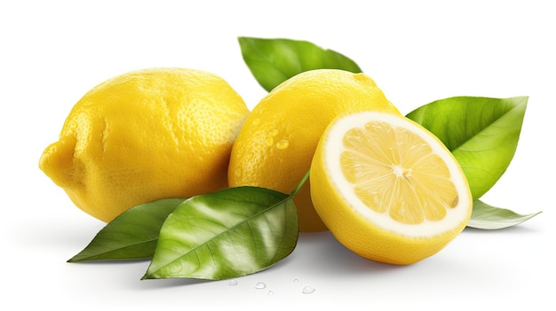 Un grappolo di limoni con foglie verdi su sfondo bianco