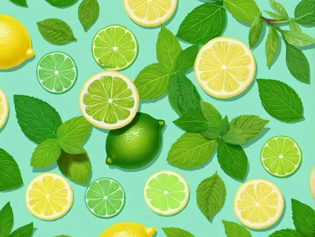 Un grappolo di limoni, lime e foglie su uno sfondo blu