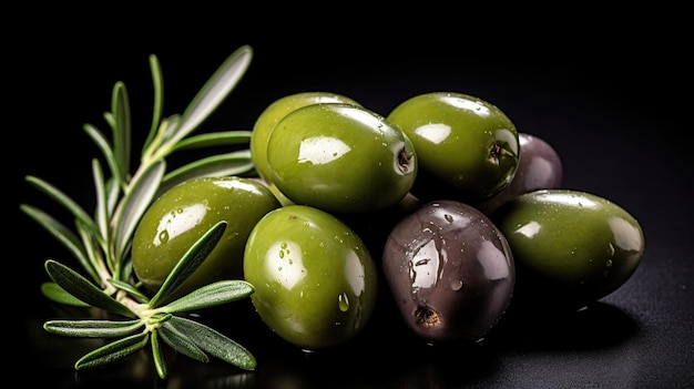 Un grappolo di olive con un ramo di rosmarino