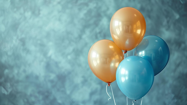 Un grappolo di palloncini arancioni e blu su uno sfondo colorato