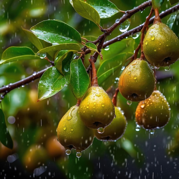 Un grappolo di pere appeso a un albero con sopra delle gocce di pioggia.