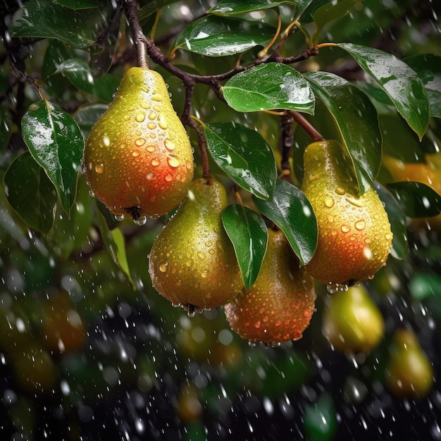 Un grappolo di pere appeso a un albero con sopra delle gocce di pioggia.