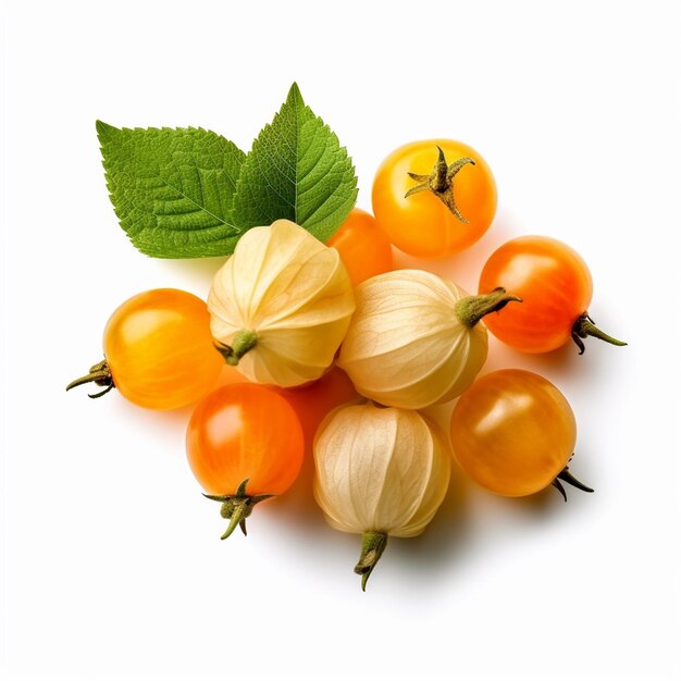Un grappolo di pomodori arancioni e gialli con foglie verdi su sfondo bianco.