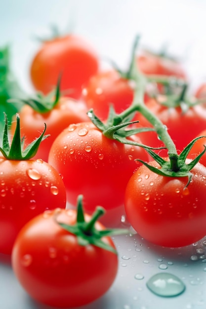 Un grappolo di pomodori con gocce d'acqua sopra