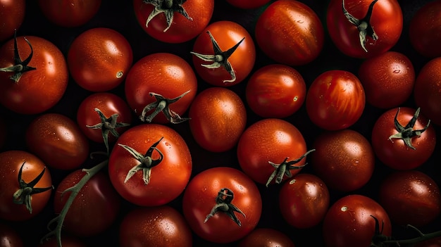 Un grappolo di pomodori è ammucchiato in una scatola.