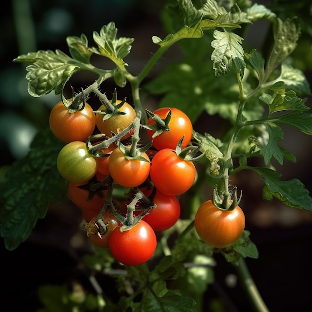 Un grappolo di pomodori è su una vite con foglie verdi.