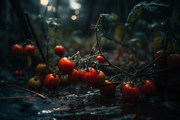 Un grappolo di pomodori per terra al buio