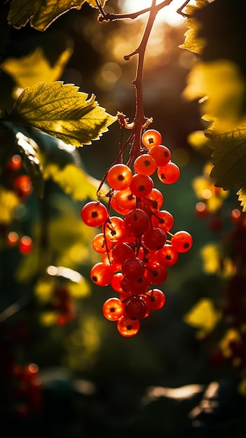 Un grappolo di ribes su un albero alla luce del sole IA generativa