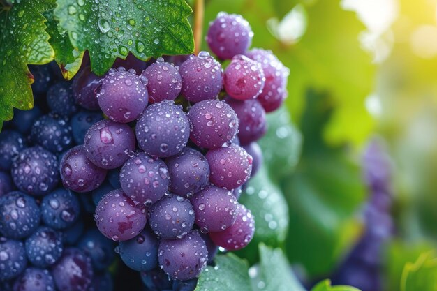 Un grappolo di uva coperto di rugiada mattutina appeso a una vite