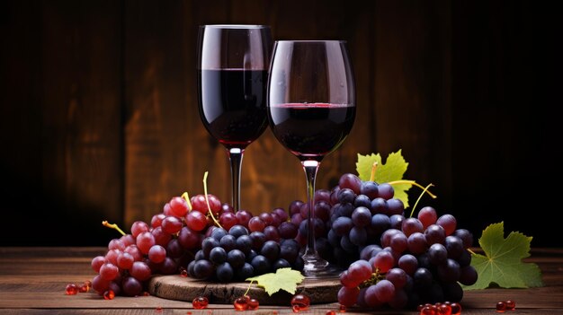 Un grappolo di uva fresco su un bicchiere di vino da tavola rustico riempito di cabernet sauvignon