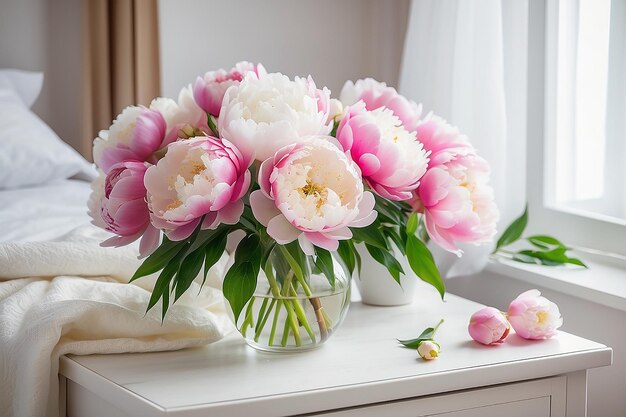 Un grappolo fresco di peonie rosa e bianche nel vaso sul comodino.