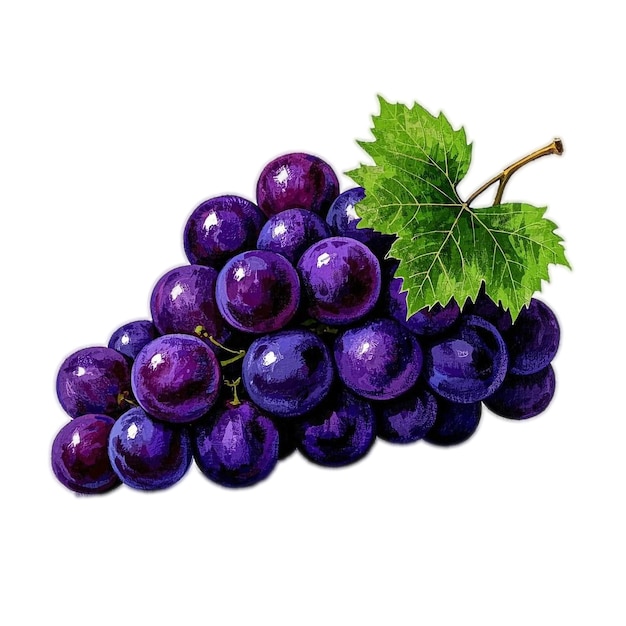 Un grappolo vibrante di uva viola succosa matura con una foglia verde