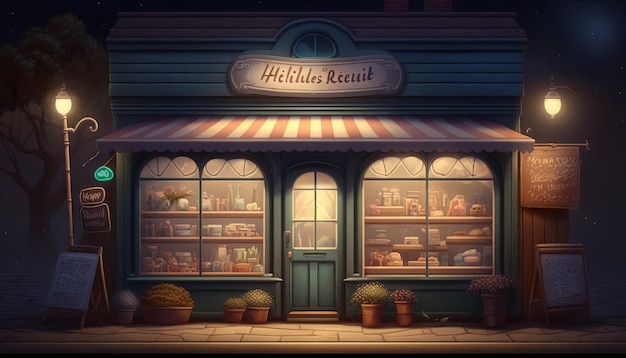 Un grazioso e piccolo negozio di alimentari nel quartiere, di notte.. AI generativo.