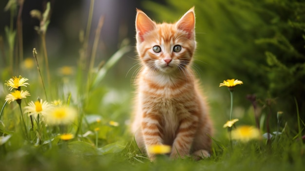 Un grazioso gattino rosso si siede tra l'erba verde