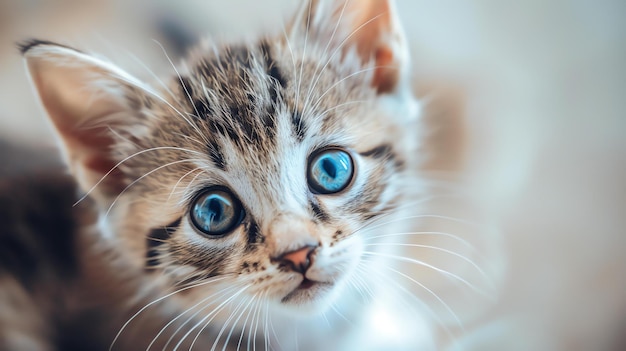 Un grazioso gattino tabby con gli occhi blu sta guardando la telecamera Il gattino è seduto su uno sfondo bianco ed è circondato da una luce morbida