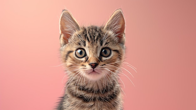 Un grazioso gattino tabby con gli occhi larghi guarda la telecamera con un'espressione curiosa sul viso