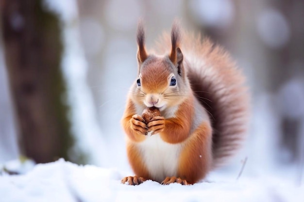 Un grazioso scoiattolo rosso mangia una noce in una scena invernale con una bella foresta sfocata sullo sfondo